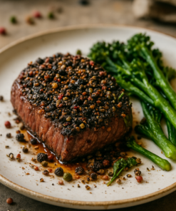 Steak au poivre avec broccolini, servi sur assiette blanche pour une expérience culinaire raffinée et savoureuse.