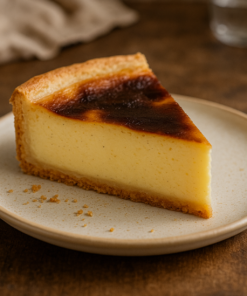 Part de flan pâtissier crémeux sur assiette en céramique, fond en bois sombre.
