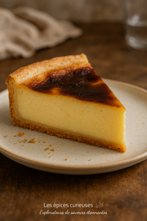 Part de flan pâtissier crémeux sur assiette en céramique, fond en bois sombre.