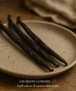 Gousses de vanille sur une assiette en céramique, installées sur une table en bois pour une ambiance rustique.