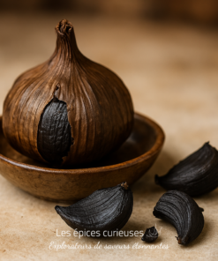 Ail noir fermenté sur un bol en bois avec gousses détachées, sur un fond neutre.