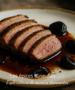 Tranches de magret de canard rosé avec sauce, accompagnées d'ail noir, servies sur une assiette en céramique.