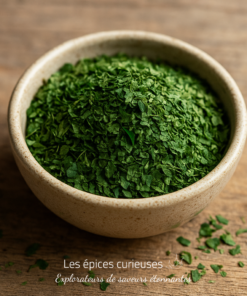Bol de persil séché, parfait pour assaisonner les plats, sur une table en bois rustique.