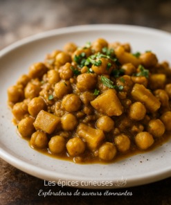 Plat de curry de pois chiches et pommes de terre, garni de coriandre, servi sur une assiette blanche.