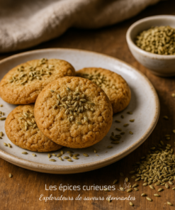 Biscuits dorés à l'anis sur une assiette, avec des graines d'anis éparpillées, sur une table en bois rustique.