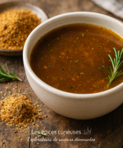 Bol de bouillon maison au romarin sur table rustique, épices en arrière-plan, repas réconfortant et sain.