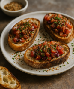 Tranches de bruschetta garnies de tomates fraîches, oignons rouges et herbes sur une assiette blanche rustique.