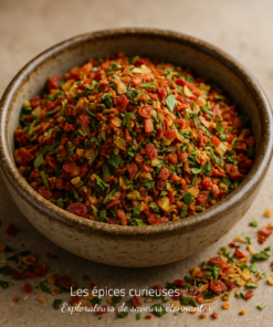 Bol de mélange d'épices colorées contenant des herbes séchées et des légumes pour rehausser la saveur des plats.