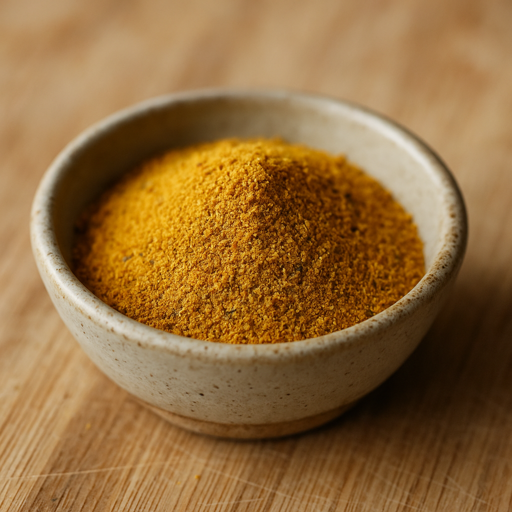 Assemblage Chapon Rôti – Éclat Doré & Saveurs de Fête (1) Bol de poudre de curry jaune sur planche en bois, épice exotique pour plats savoureux.