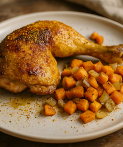 Poulet rôti tendre avec cubes de patates douces rôties, servi sur une assiette en bois rustique.