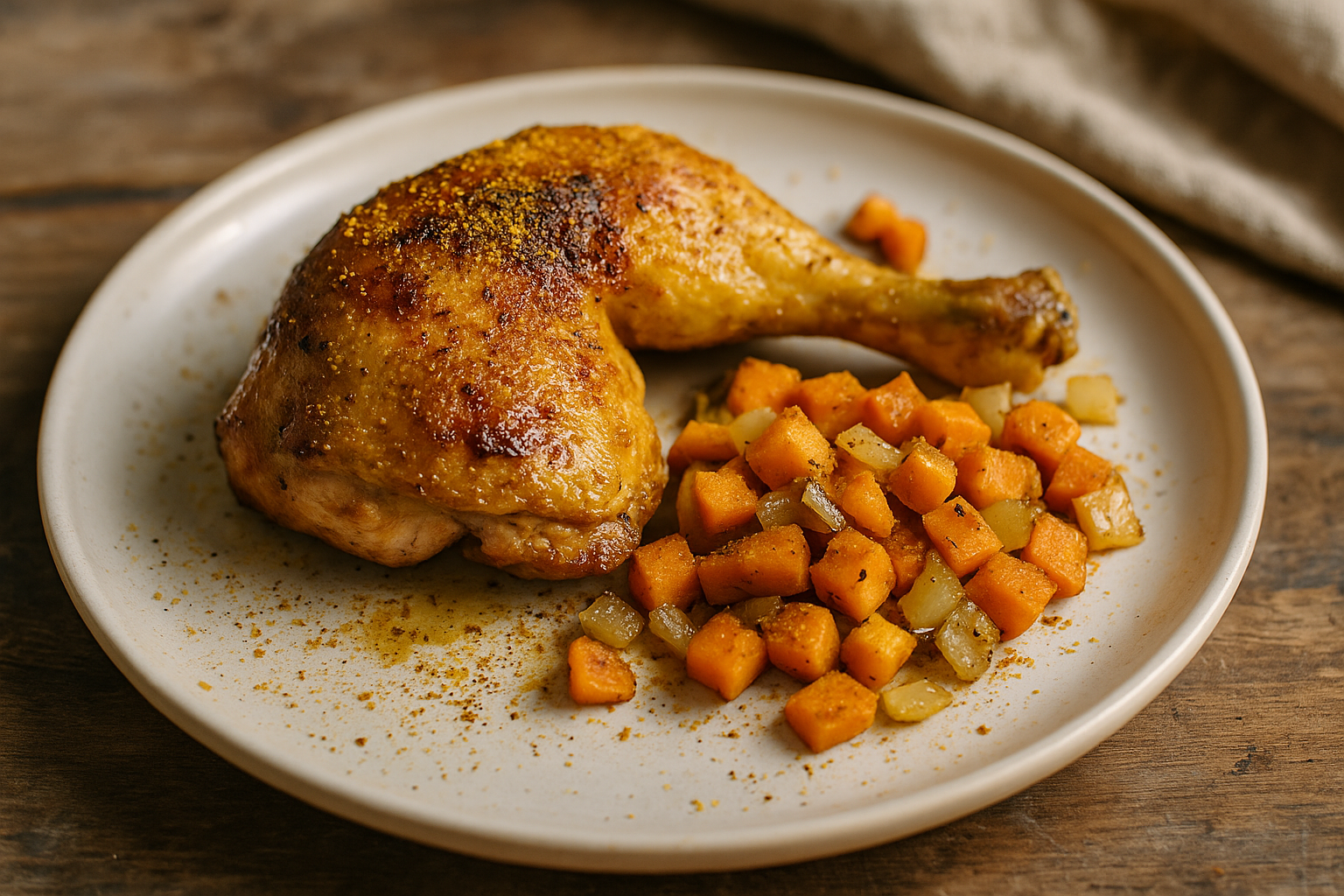 Assemblage Chapon Rôti – Éclat Doré & Saveurs de Fête (2) Poulet rôti tendre avec cubes de patates douces rôties, servi sur une assiette en bois rustique.