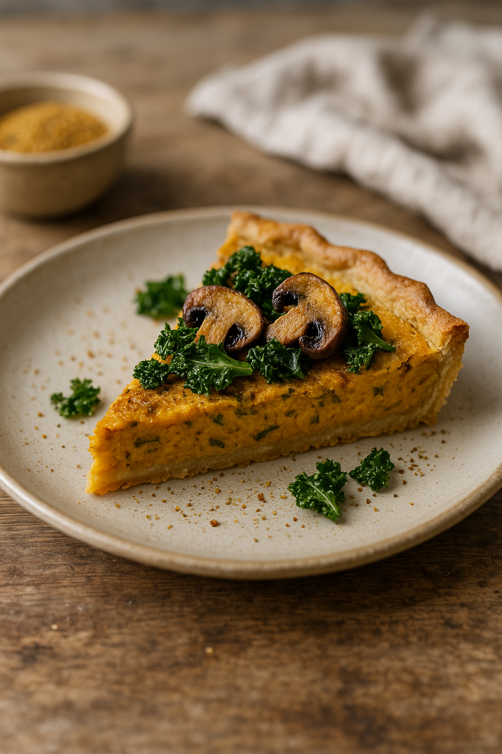 Assemblage Chapon Rôti – Éclat Doré & Saveurs de Fête (3) Part de tarte salée aux champignons et chou frisé sur une assiette en céramique, fond en bois rustique.