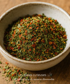 Bol de mélange d'épices colorées sur une table en bois, idéal pour rehausser plats et saveurs.