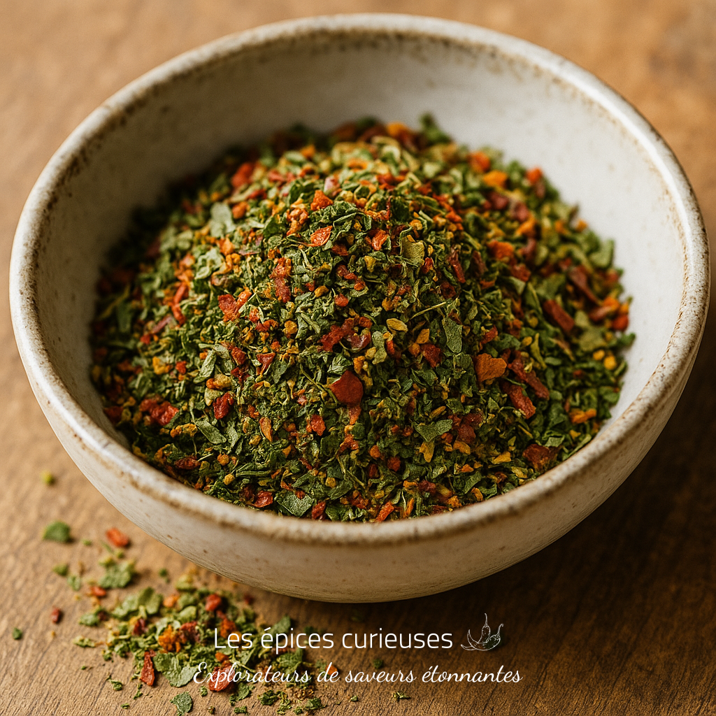 Assemblage Chimichurri – Fraîcheur & Caractère Argentin (1) Bol de mélange d'épices colorées sur une table en bois, idéal pour rehausser plats et saveurs.