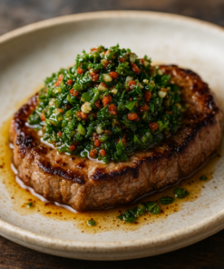 Steak juteux garni de chimichurri coloré, servi sur une assiette en céramique.