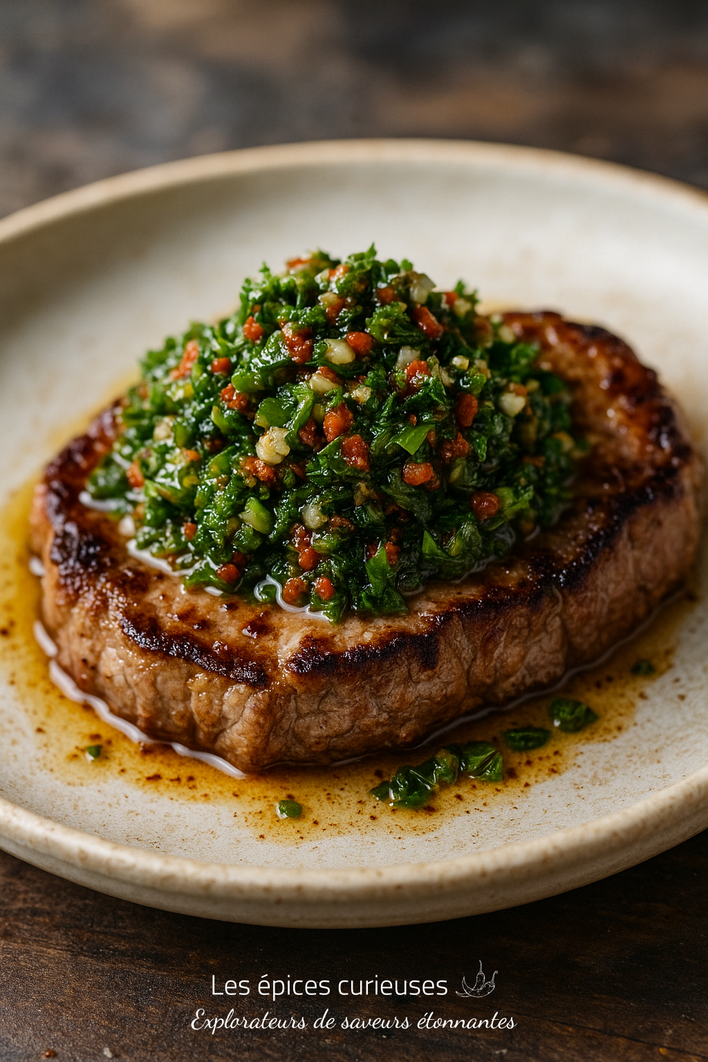 Assemblage Chimichurri – Fraîcheur & Caractère Argentin (2) Steak juteux garni de chimichurri coloré, servi sur une assiette en céramique.