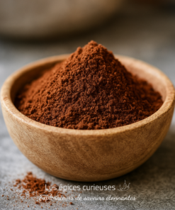 Bol en bois rempli de poudre de cacao sur une table en pierre, parfait pour recettes et desserts gourmands.
