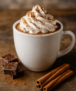 Tasse de chocolat chaud avec crème fouettée, chocolat et cannelle sur table en bois.