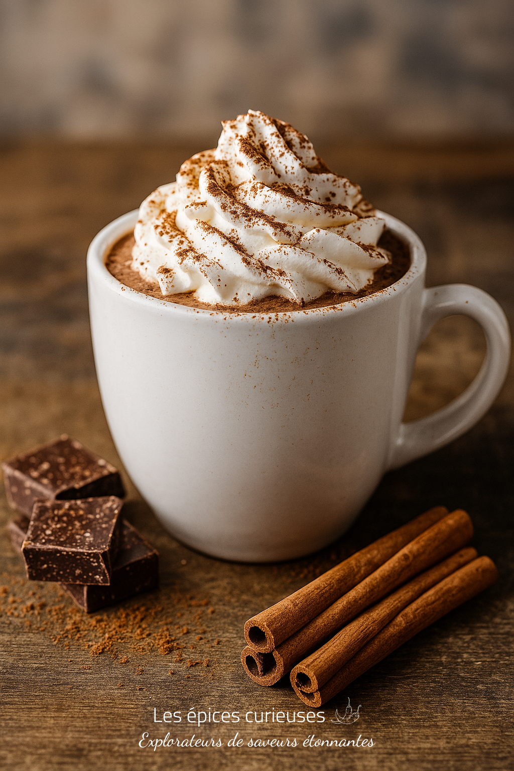 Assemblage Chocolat chaud (2) Tasse de chocolat chaud avec crème fouettée, chocolat et cannelle sur table en bois.