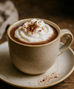 Tasse de chocolat chaud crémeux avec chantilly et poudre de cacao sur une table en bois rustique.
