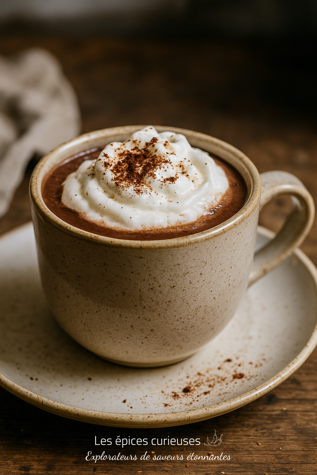 Assemblage Chocolat chaud (3) Tasse de chocolat chaud crémeux avec chantilly et poudre de cacao sur une table en bois rustique.