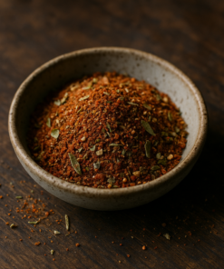 Bol de mélange d'épices colorées sur une table en bois, parfait pour relever vos plats avec une touche exotique.