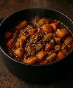 Ragoût de légumes mijoté dans une cocotte noire, parsemé d'épices pour un repas réconfortant et savoureux.