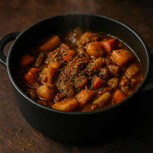 Ragoût de légumes mijoté dans une cocotte noire, parsemé d'épices pour un repas réconfortant et savoureux.