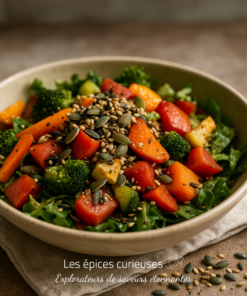 Salade colorée de légumes rôtis et graines sur un lit de laitue verte pour un repas sain et savoureux.