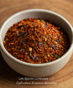 Bol de mélange d'épices coloré sur une table en bois, idéal pour relever vos plats.