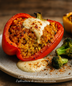 Poivron farci au riz épicé et fromage fondu, accompagné de brocolis rôtis sur une assiette céramique.