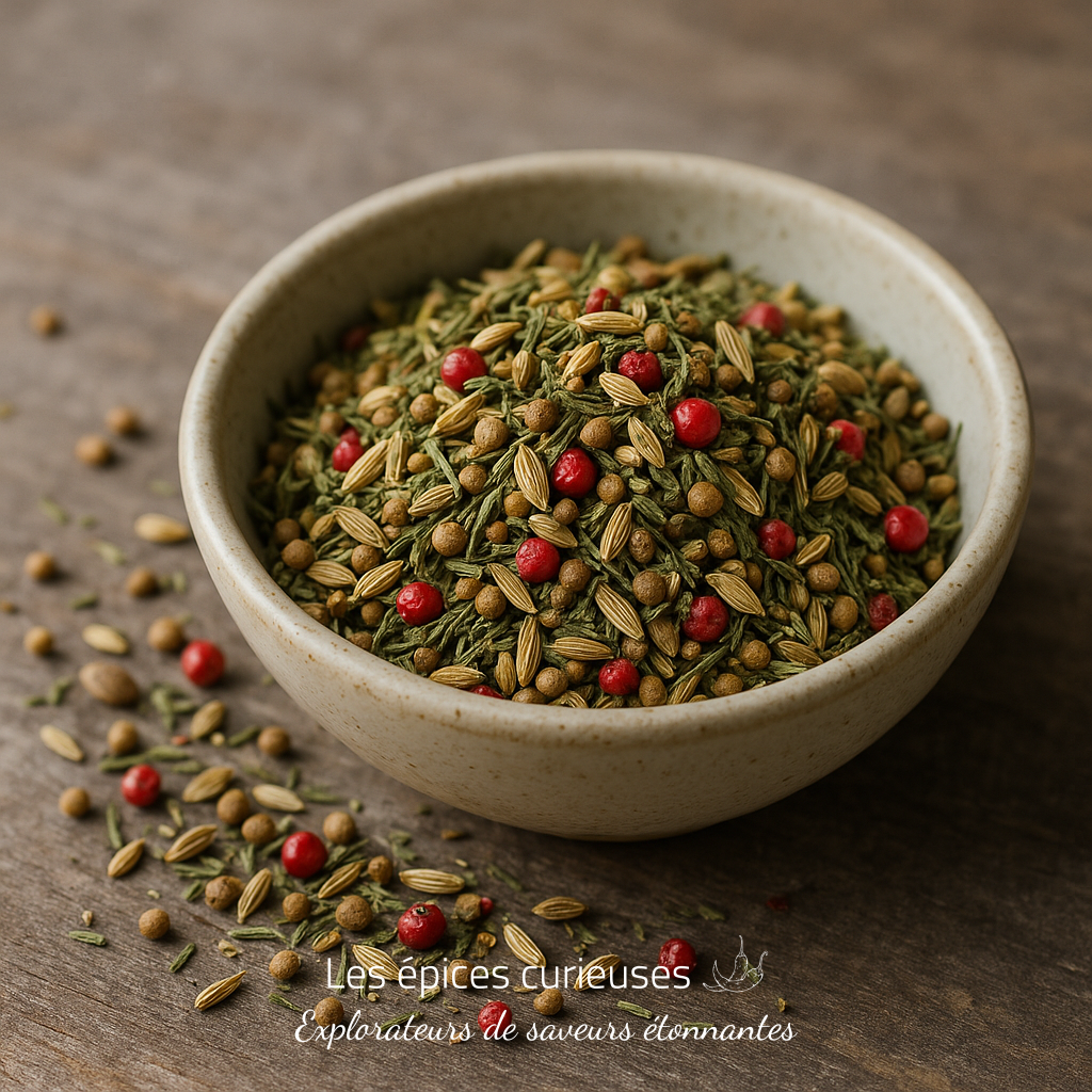 Assemblage Gravlax du Fjord – Saveurs Nordiques et Raffinées (2) Bol de mélange d'épices variées, avec graines de fenouil, coriandre et baies roses sur une table en bois.