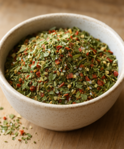 Bol de mélange d'épices et herbes séchées sur table en bois, idéal pour rehausser vos plats.