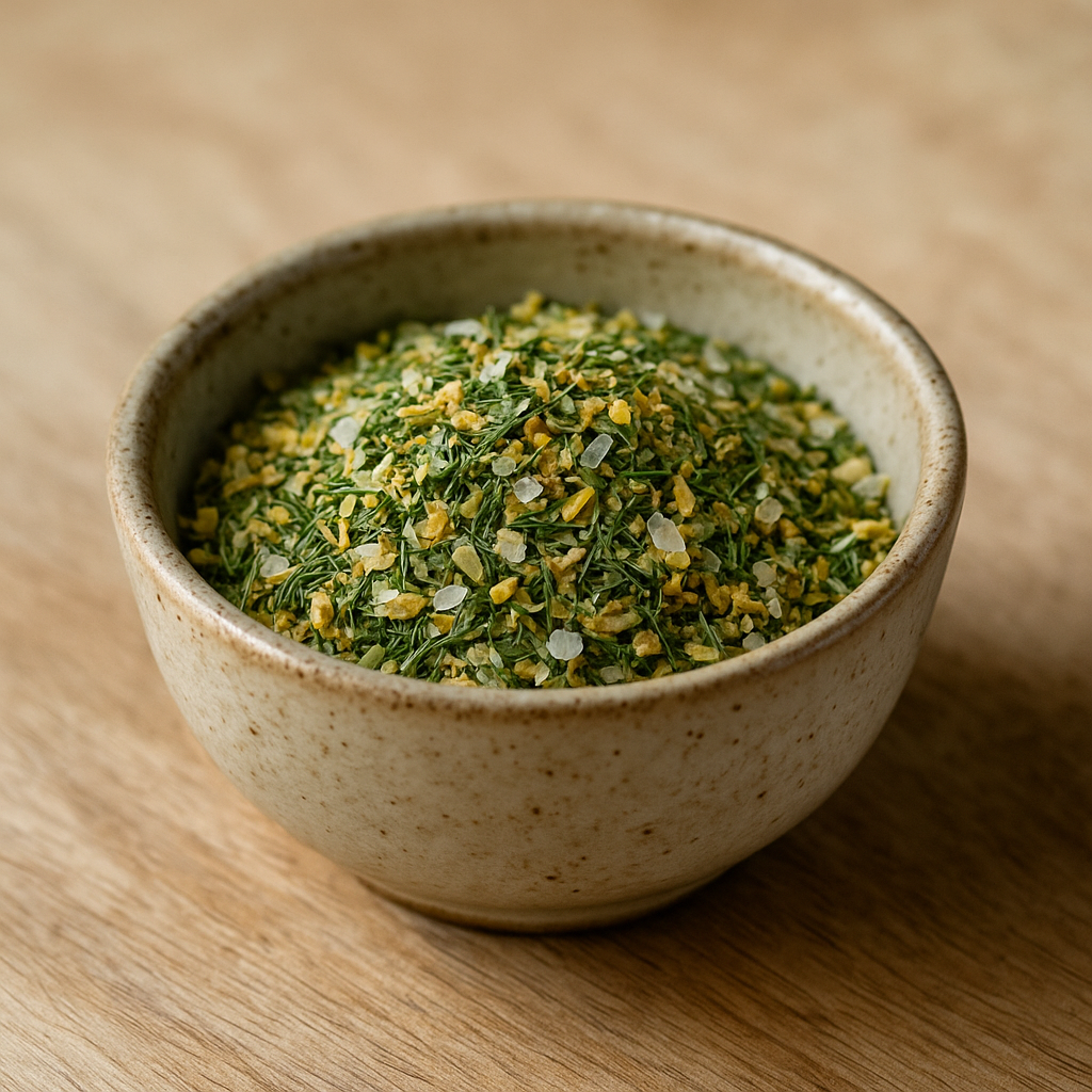 Assemblage Mer de Noël – Citron, Aneth & Fleur de Sel Festive (1) Bol de mélange d'épices séchées, idéal pour assaisonner et rehausser les saveurs culinaires.