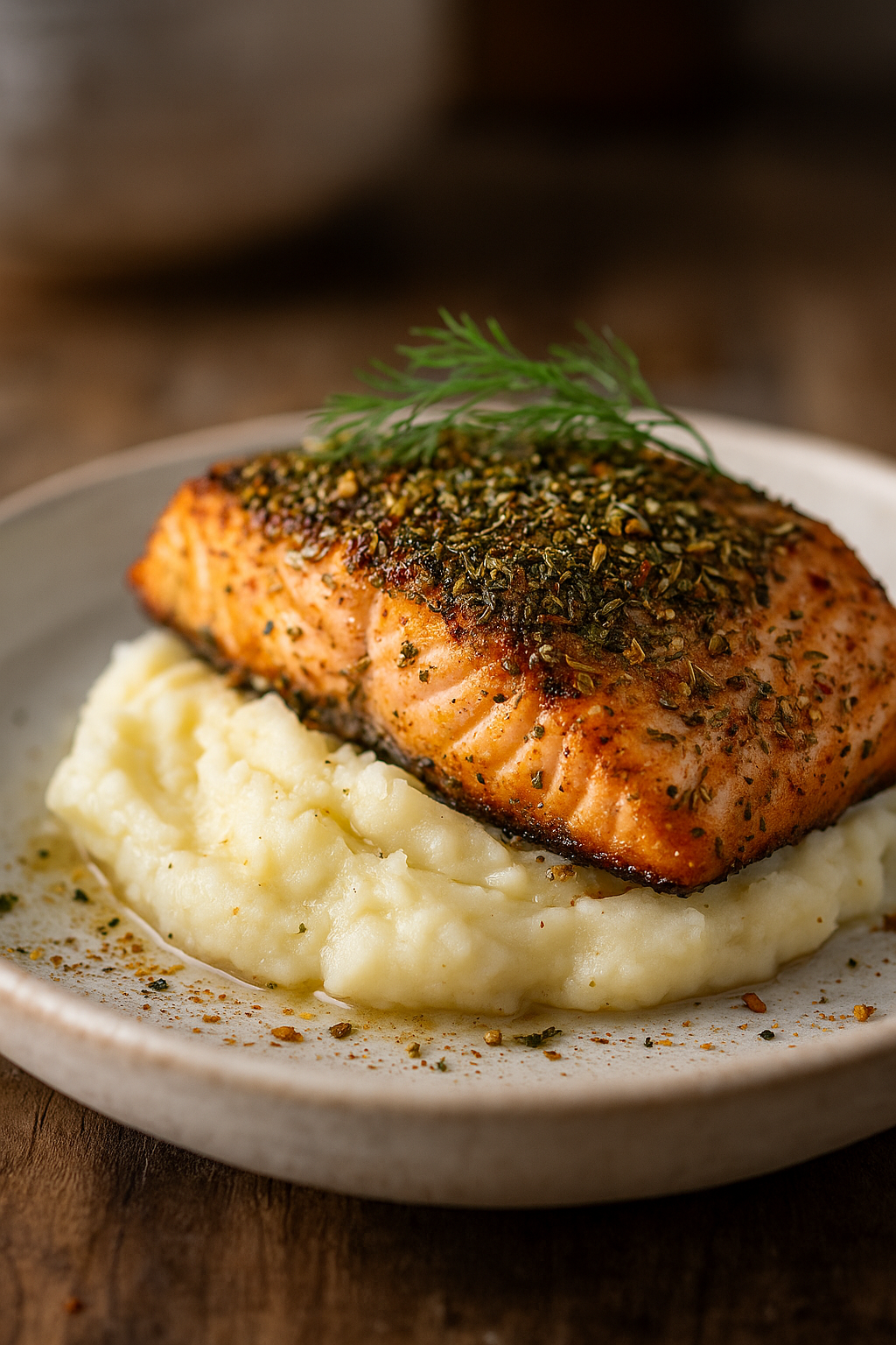 Assemblage Mer de Noël – Citron, Aneth & Fleur de Sel Festive (2) Saumon grillé aux herbes sur purée de pommes de terre crémeuse avec garniture d'aneth.