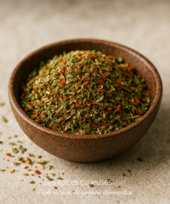 Bol de fines herbes et épices colorées sur fond neutre, prêt pour la cuisine.