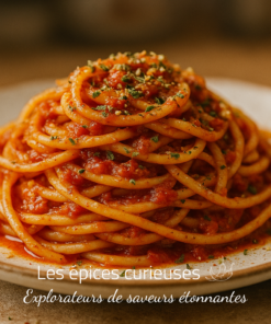 Plat de spaghetti à la sauce tomate, garni de persil, sur une assiette en céramique. Repas italien savoureux.