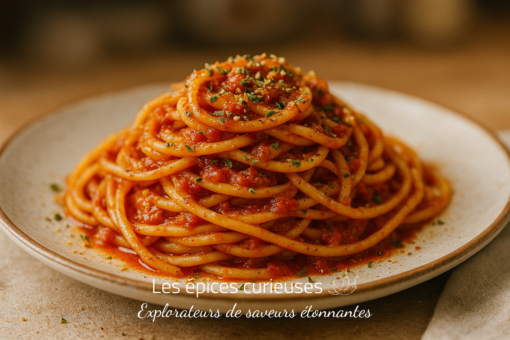 Plat de spaghetti à la sauce tomate, garni de persil, sur une assiette en céramique. Repas italien savoureux.