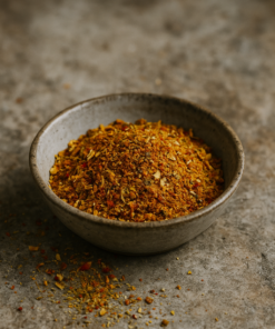 Bol de mélange d'épices colorées sur fond rustique, idéal pour assaisonner vos plats savoureux.