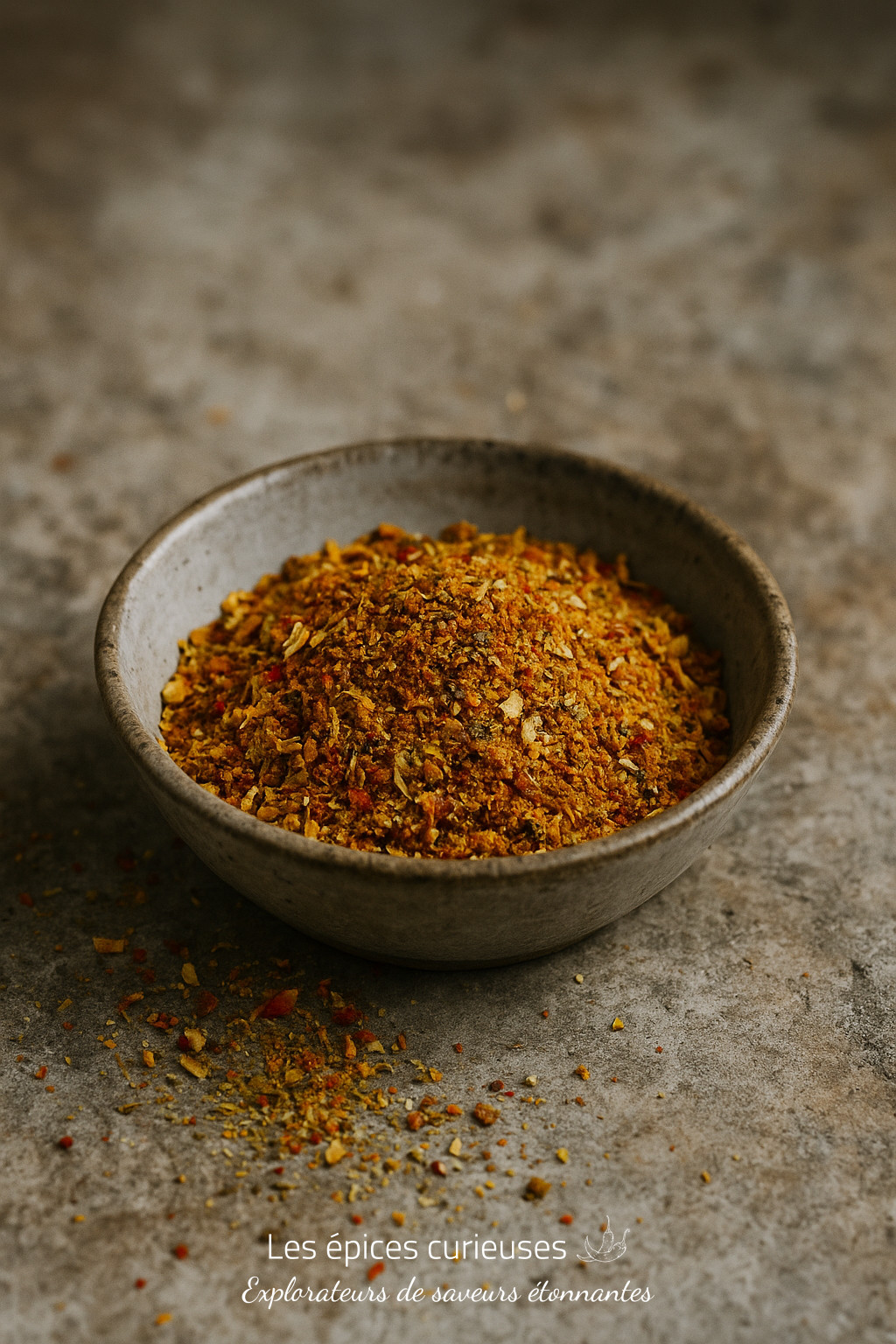Assemblage Potiron d’Automne ! Bol de mélange d'épices colorées sur fond rustique, idéal pour assaisonner vos plats savoureux.