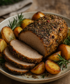 Rôti de porc aux herbes, accompagné de pommes de terre rôties et branches de romarin frais. Repas savoureux et rustique.