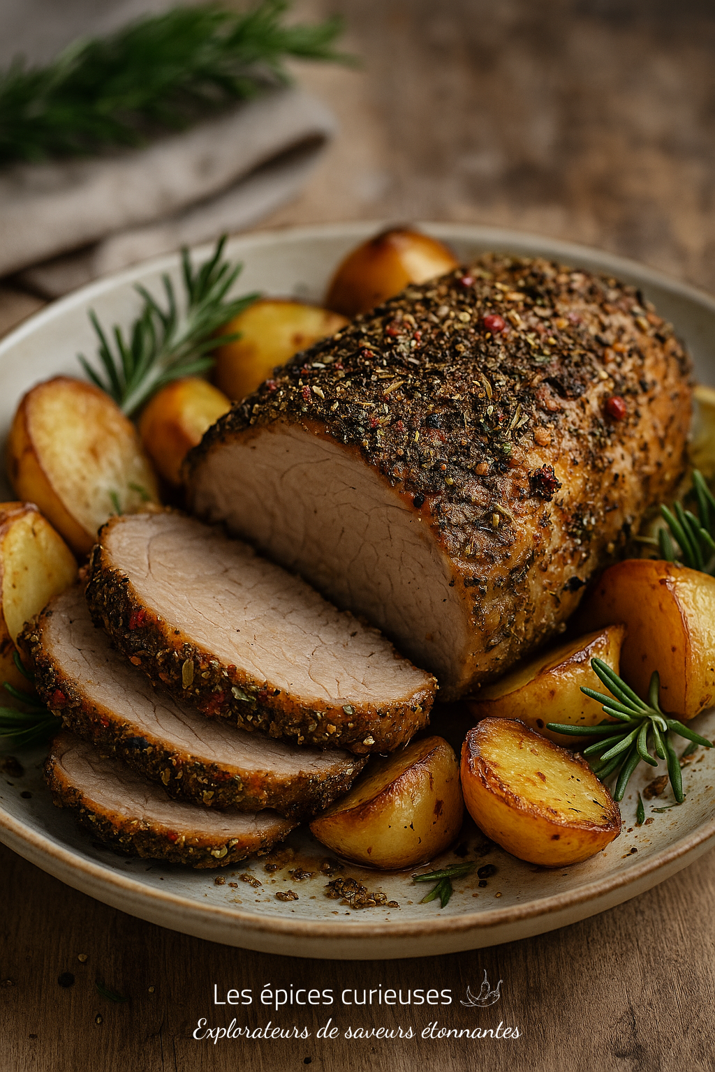 Assemblage Rôtis de Fête – Chaleur des Herbes & Épices de Noël (1) Rôti de porc aux herbes, accompagné de pommes de terre rôties et branches de romarin frais. Repas savoureux et rustique.