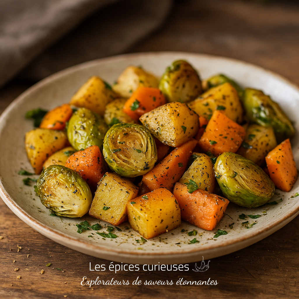 Assemblage Rôtis de Fête – Chaleur des Herbes & Épices de Noël (2) Assiette de légumes rôtis : choux de Bruxelles, carottes et pommes de terre, assaisonnés aux herbes.