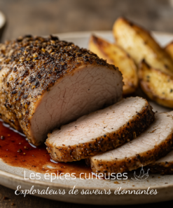 Rôti de porc aux épices tranché avec pommes de terre rôties sur un plat, sauce au jus, surface en bois.