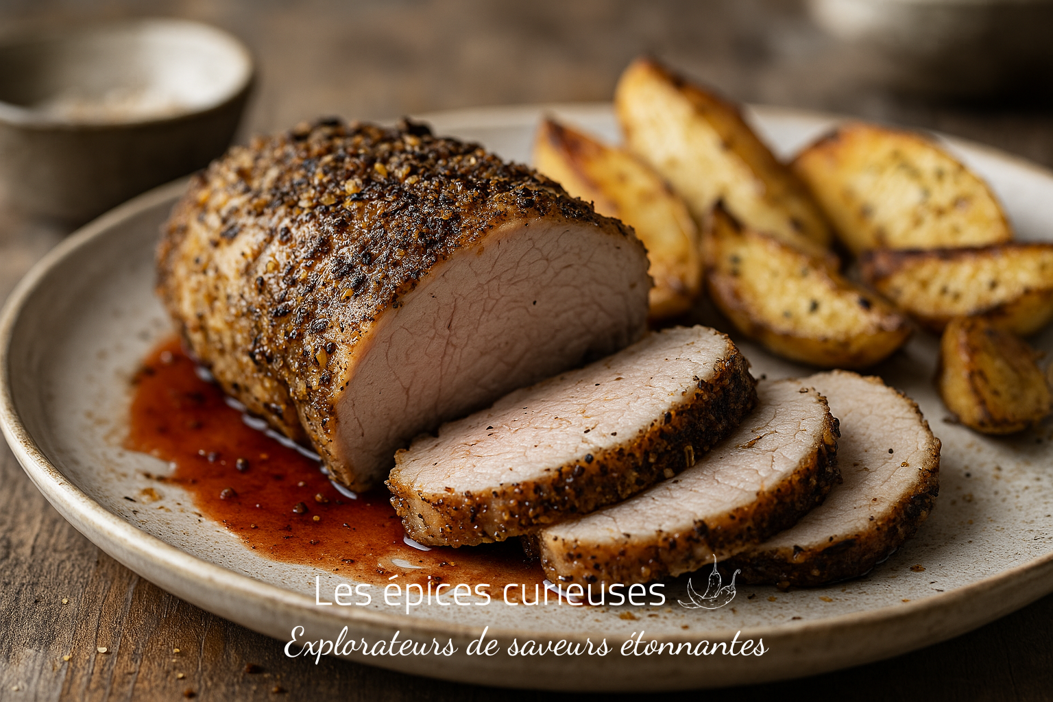 Assemblage Rôtis de Fête – Chaleur des Herbes & Épices de Noël (3) Rôti de porc aux épices tranché avec pommes de terre rôties sur un plat, sauce au jus, surface en bois.