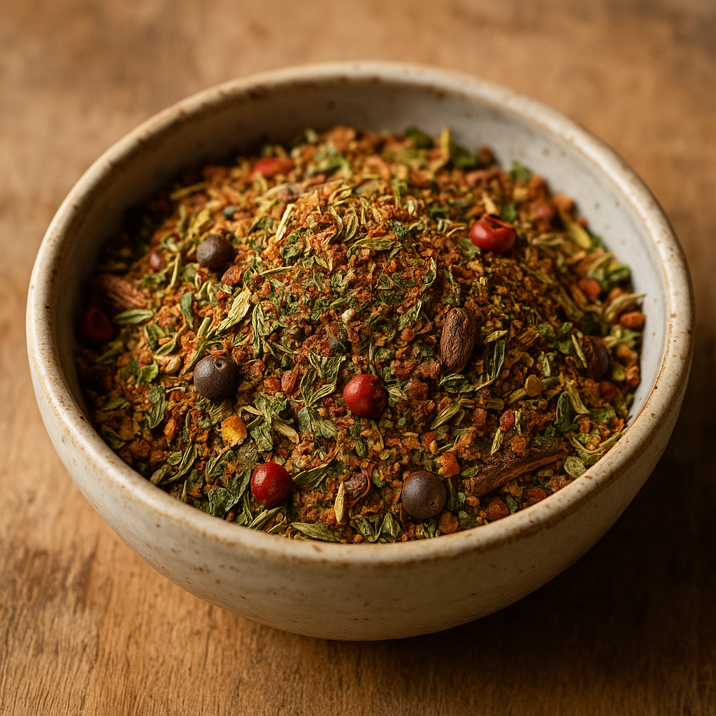 Assemblage Rôtis de Fête – Chaleur des Herbes & Épices de Noël Assortiment d'épices colorées dans un bol en céramique sur fond en bois, ajoutant saveur et arôme aux plats.