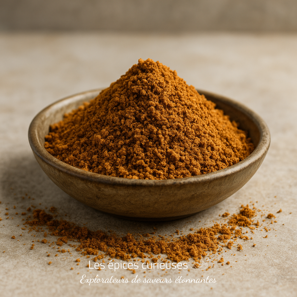 Assemblage Spéculoos – Douceur d’Hiver (1) Bol en céramique rempli de poudre d'épices brun orangé sur une surface en pierre.