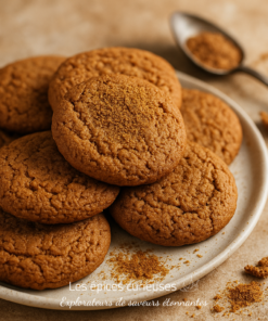 Biscuits au gingembre faits maison sur une assiette blanche avec une cuillère d'épices sur le côté.