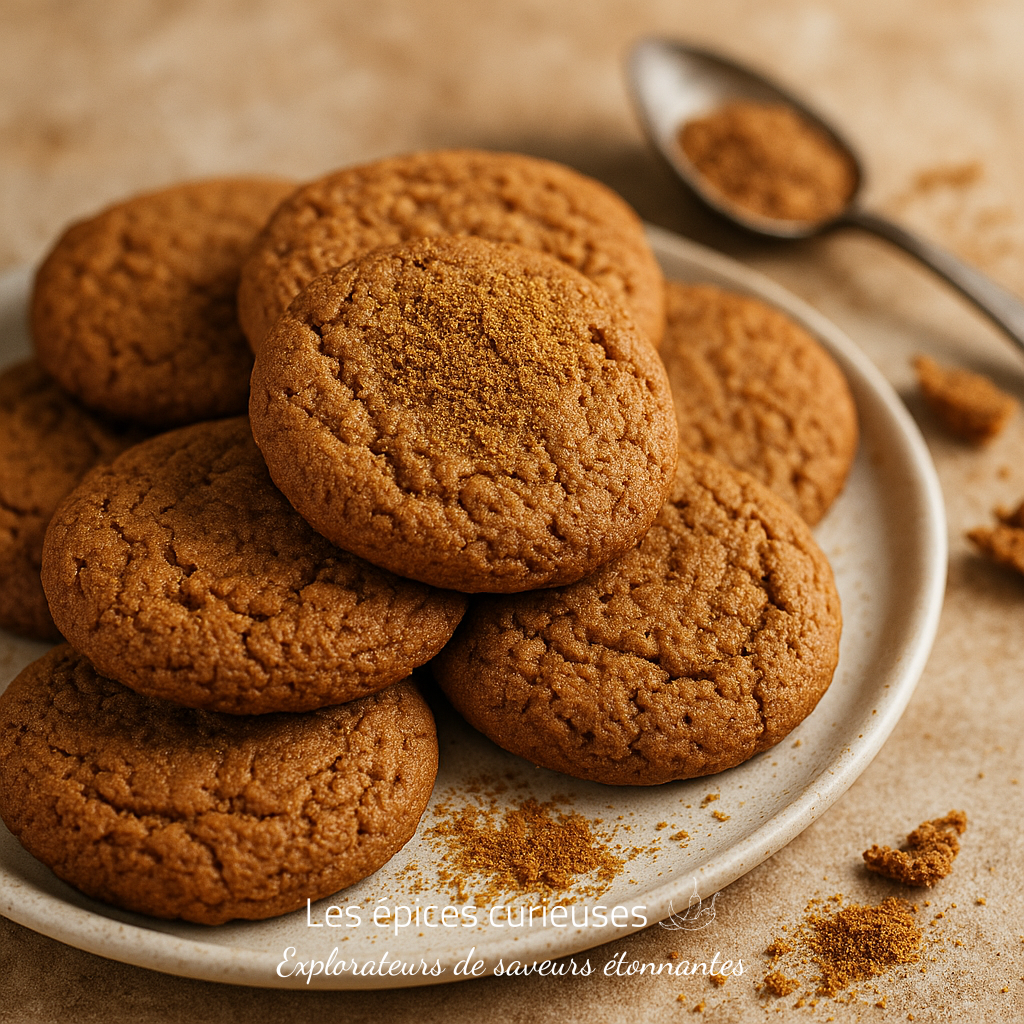 Assemblage Spéculoos – Douceur d’Hiver (2) Biscuits au gingembre faits maison sur une assiette blanche avec une cuillère d'épices sur le côté.