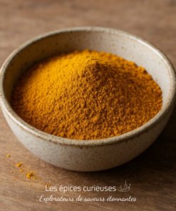 Bol de poudre de curcuma dorée sur une table en bois, ingrédient idéal pour recettes saines et saveurs exotiques.